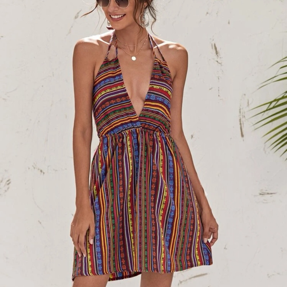 Halter plunging backless tribal print dress